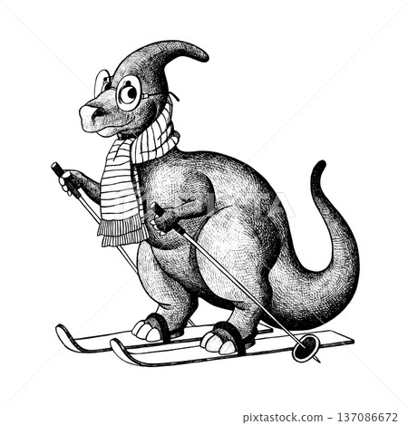 A cheerful dinosaur wearing a knitted scarf and skiing A cheerful dinosaur wearing a knitted scarf and skiing 137086672
