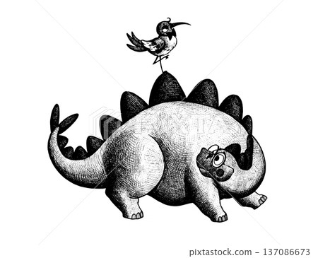 A cute stegosaurus wearing glasses looks curiously at a bird. 137086673