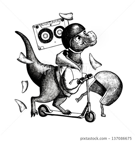 A composition featuring a fashionable T-Rex on a scooter 137086675
