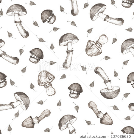 A seamless pattern with forest mushrooms and leaves on a white background A seamless pattern with forest mushrooms and leaves on a white background 137086680