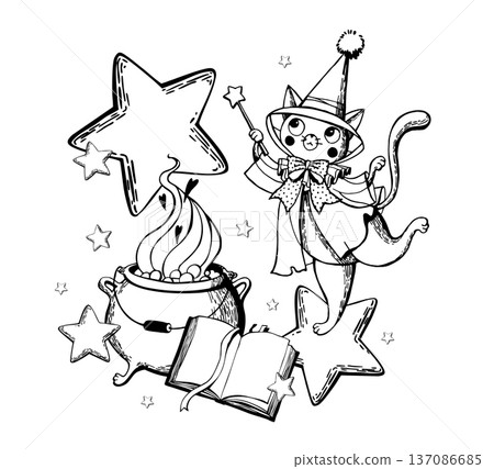 Vector illustrations with a magic cauldron, magic, book, and stars Vector illustrations with a magic cauldron, magic, book, and stars 137086685