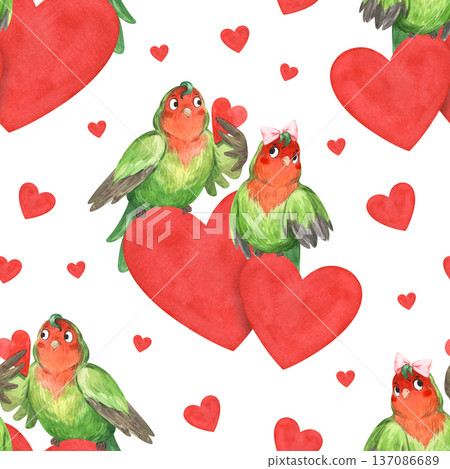 A seamless pattern featuring two parrots and hearts A seamless pattern featuring two parrots and hearts 137086689