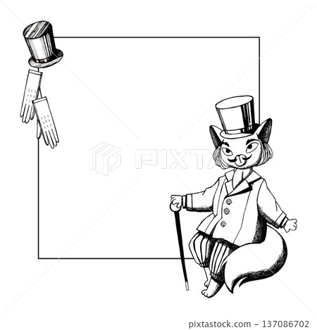 A black and white frame featuring a cat in a top hat and holding an umbrella A black and white frame featuring a cat in a top hat and holding an umbrella 137086702