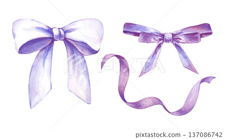 A set of bows and ribbons for festive decoration. Watercolor illustration of purple ribbons on an isolated background. A clipart with realistic decor for decorating gifts, postcards and invitations. A set of bows and ribbons for festive decoration. Watercolor illustration of purple ribbons on an isolated background. A clipart with realistic decor for decorating gifts, postcards and invitations. 137086742