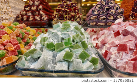 Colorful turkish delight displayed in a shop in the market Colorful turkish delight displayed in a shop in the market 137086881