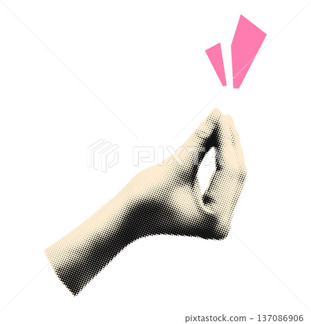Halftone hand emoji gesture with pinched fingers and pink accent marks. Italian Bellissimo or Ma Che Vuoi hand sign. Cut out sticker for collage and scrapbook Modern retro vector illustration isolated 137086906