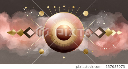 Chic golden globe embellished with exact geometric elements and delicate cloud drawings for branding 137087073