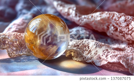 Mystical crystal sphere. Scrying setup featuring luminous orb surrounded by intricate textiles and shadows. Copy space. 137087075