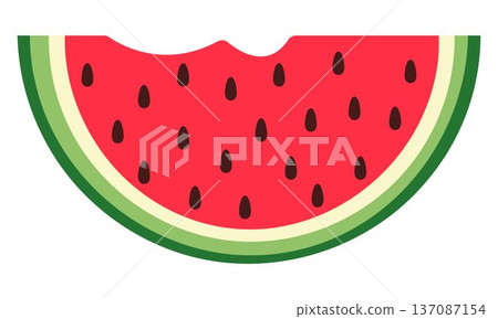 Watermelon slice fresh summer fruit illustration juicy sweet red pulp with seeds green rind isolated on white background healthy organic food icon flat design bright tropical symbol 137087154