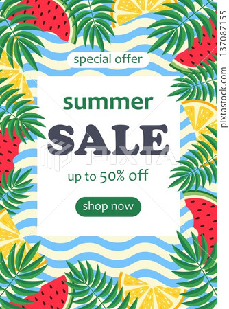 Summer sale banner tropical fruits watermelon orange palm leaves background special offer discount poster bright seasonal promotion template for shopping advertising illustration Summer sale banner tropical fruits watermelon orange palm leaves background special offer discount poster bright seasonal promotion template for shopping advertising illustration 137087155