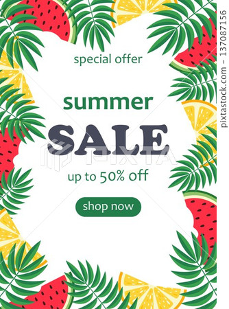 Summer sale banner tropical fruits orange watermelon palm leaves frame seasonal discount poster bright holiday promotion template for shopping advertising illustration background Summer sale banner tropical fruits orange watermelon palm leaves frame seasonal discount poster bright holiday promotion template for shopping advertising illustration background 137087156