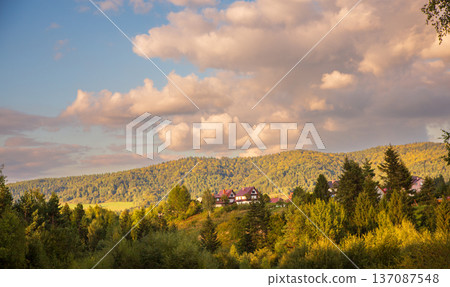 Mountain village houses nestled in a tranquil forest valley Mountain village houses nestled in a tranquil forest valley 137087548