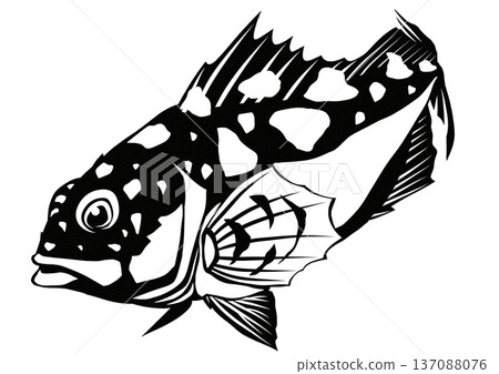 黑白剪紙拼貼畫，描繪了一種常見的魚類——蝎子魚，它什麼都吃。 137088076