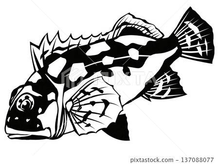 可愛的黑白剪紙插畫，描繪了一條眼睛明亮的蝎子魚。 137088077