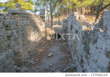 The ruins of the ancient city of Phaselis in Lycia in modern Turkey. The remains of the columns and the capital The ruins of the ancient city of Phaselis in Lycia in modern Turkey. The remains of the columns and the capital 137088128