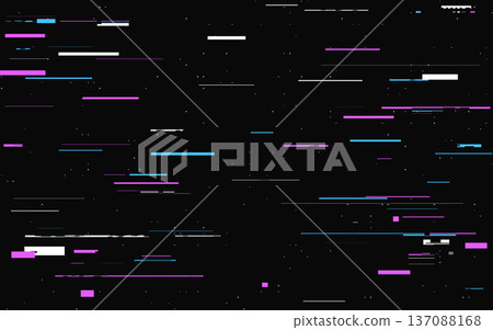 Glitch abstract effect. Color lines and pixels on dark background. Video signal error. Distorted texture with random shapes. Digital data with overlay noise. Vector illustration Glitch abstract effect. Color lines and pixels on dark background. Video signal error. Distorted texture with random shapes. Digital data with overlay noise. Vector illustration 137088168