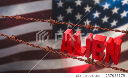 Alien Concept with Barbed Wire Over American Flag Background 3d render. Alien Concept with Barbed Wire Over American Flag Background 3d render. 137088179