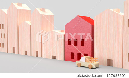 Red House Among Wooden Homes Real Estate Concept 3d render. 137088201