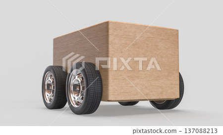 Minimalist Wooden Box Car on White Background 3d Render. 137088213