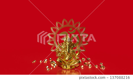 Golden Ganesha with Om Symbol on Red 3d render. Golden Ganesha with Om Symbol on Red 3d render. 137088216