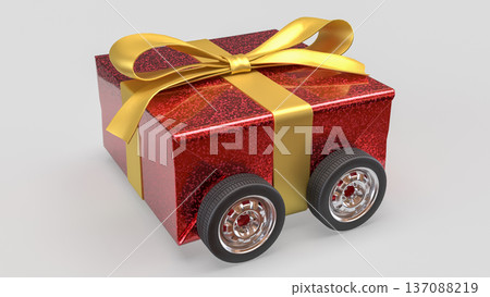Festive Red Gift Box Car with Gold Ribbon on White Background 3d render. Festive Red Gift Box Car with Gold Ribbon on White Background 3d render. 137088219