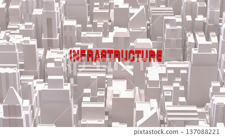 Red Infrastructure Text Over Abstract Cityscape Background 3d render. 137088221