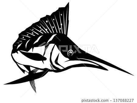 Black and white cutout illustration of a sailfish that would be stabbed by a sharp sword 137088227