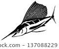 Black and white paper cutout and collage illustration of a sailfish, also known as Akitaro 137088229