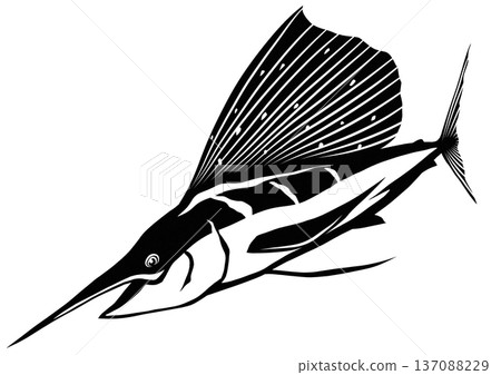 黑白剪紙拼貼畫,描繪的是旗魚,又稱秋太郎。 黑白剪紙拼貼畫,描繪的是旗魚,又稱秋太郎。 137088229