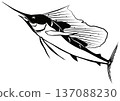 Nonstop black and white paper cutout collage illustration of a high-speed sailfish 137088230