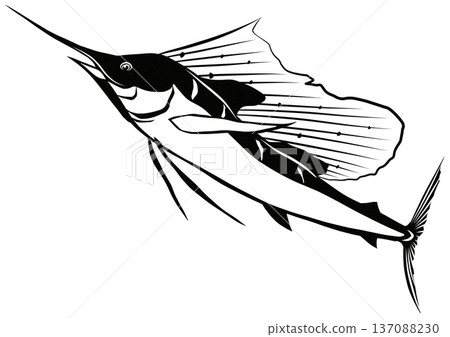 Nonstop black and white paper cutout collage illustration of a high-speed sailfish 137088230