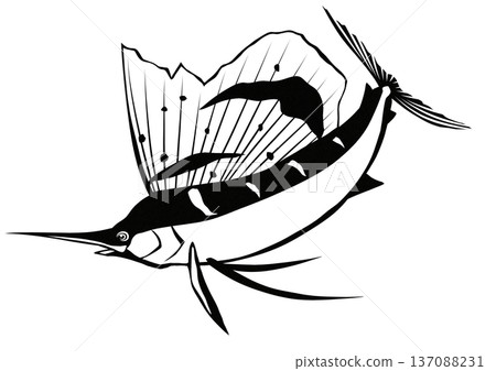 Cool black and white cut-out and collage illustration of a sailfish 137088231