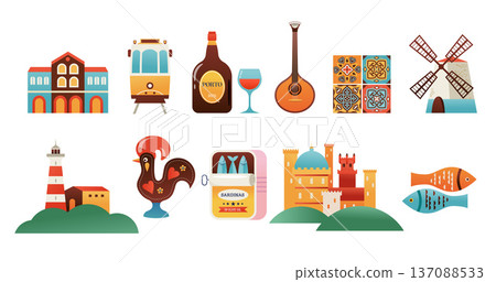 Portugal attractions, landmarks and symbols colorful icons collection. 137088533