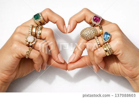 Hands Forming a Heart with Luxurious Gemstone Rings 137088603