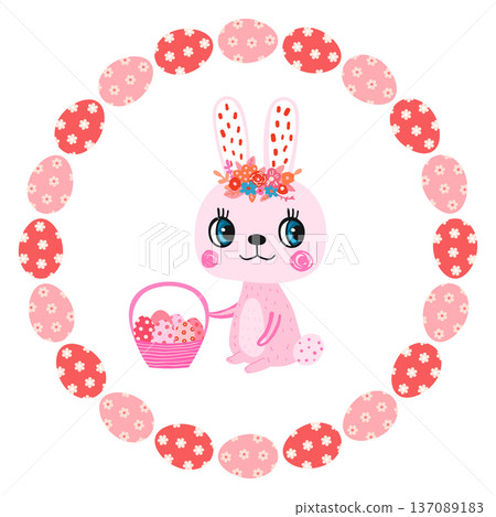 Cute Easter vector bunny with basket with eggs and round wreath with pink and red painted eggs and flowers, Circle frame for Easter egg hunt designs Cute Easter vector bunny with basket with eggs and round wreath with pink and red painted eggs and flowers, Circle frame for Easter egg hunt designs 137089183