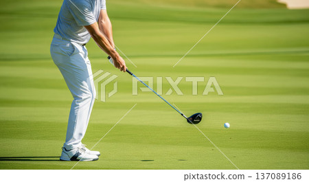 A high-action, professional sports photograph capturing a dynamic moment in a game of Golf. The image clearly shows a player making in sharp focus A high-action, professional sports photograph capturing a dynamic moment in a game of Golf. The image clearly shows a player making in sharp focus 137089186