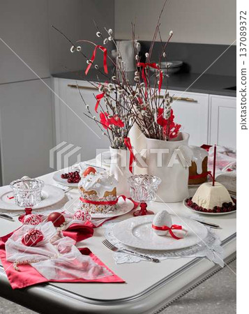 Elegant celebration setting. Charming table with festive decor Elegant celebration setting. Charming table with festive decor 137089372