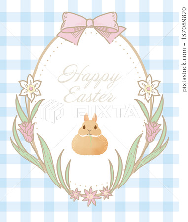 復活節兔子和春季花圈邊框：淺藍色方格背景插圖 137089820