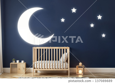 Modern Baby Nursery with Wooden Crib and Moon Star Wall Decor on Navy Blue Wall. AI generated 137089889