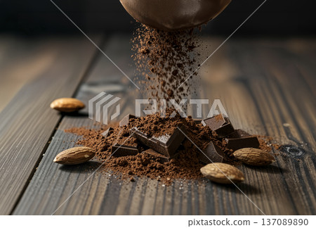Sifting Cocoa Powder over Dark Chocolate Chunks and Almonds. AI generated 137089890