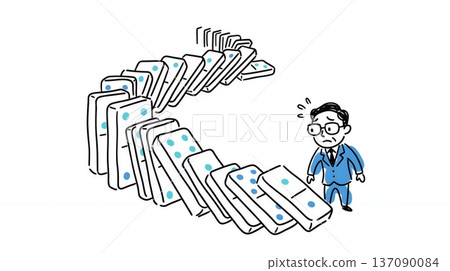 A businessman confused by a chain of problems like dominoes falling A businessman confused by a chain of problems like dominoes falling 137090084