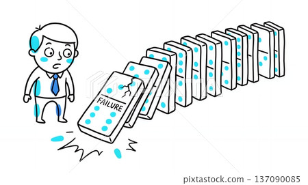 A businessman confused by a chain of problems like dominoes falling 137090085