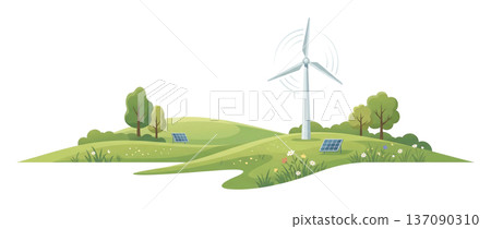 草原與風車交相輝映，展現出永續再生能源的未來景象。 137090310