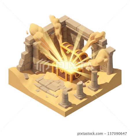 在沙漠之光下，一個古老的寶箱被打開，其等距視角圖標 137090647