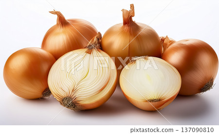 Cut onions arranged on a white background | Close-up of multiple onions 137090810