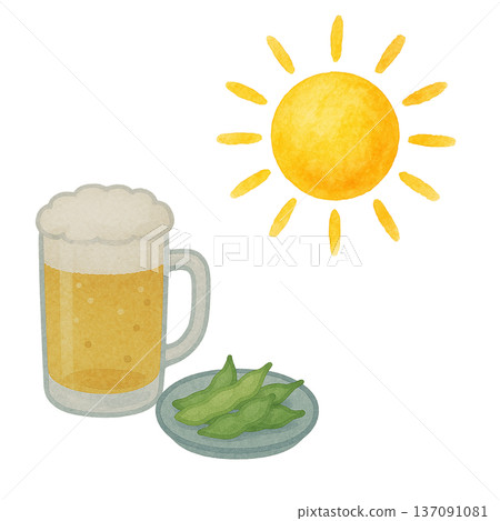 水彩風格插畫，描繪了啤酒、毛豆和夏日傍晚的陽光，可作為飲料。 PNG格式剪貼畫。 137091081