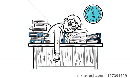 插圖描繪了一位商人加班到深夜，被一堆文件壓得筋疲力盡。 137091729