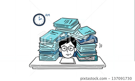 插圖描繪了一位商人加班到深夜,被一堆文件壓得筋疲力盡。 插圖描繪了一位商人加班到深夜,被一堆文件壓得筋疲力盡。 137091730