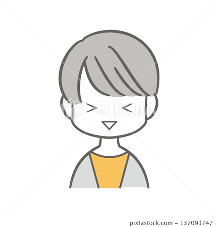 Illustration of a short-haired woman smiling with her eyes tightly closed 137091747
