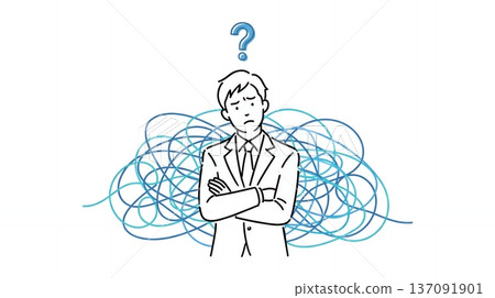 一位商人雙臂交叉在胸前，憂心忡忡地思考著一個複雜的難題，卻找不到解決方法。 137091901